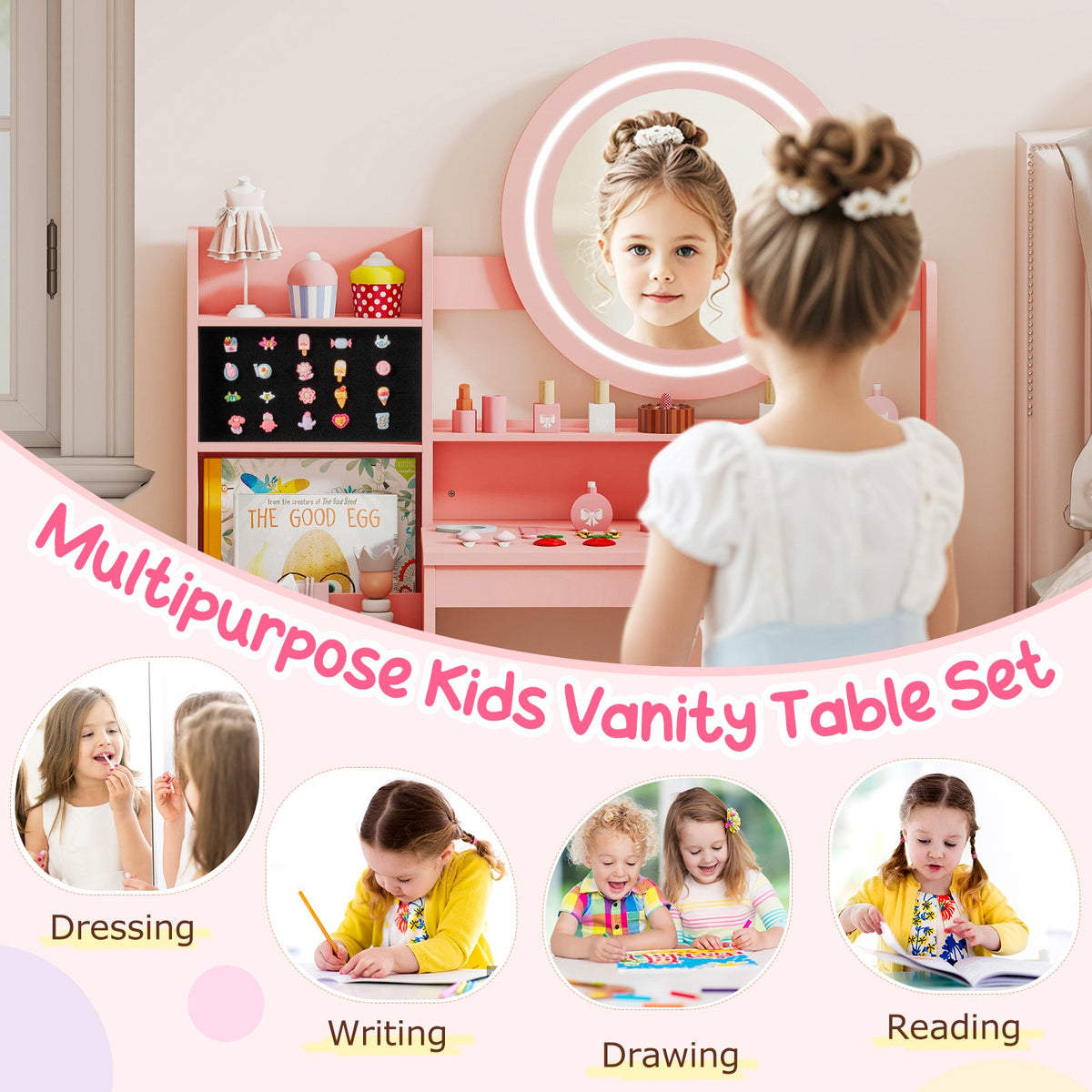 Kids Vanity Desk with Mirror and Lights Princess Pretend Play Dressing Table and Chair Set-Pink view 9