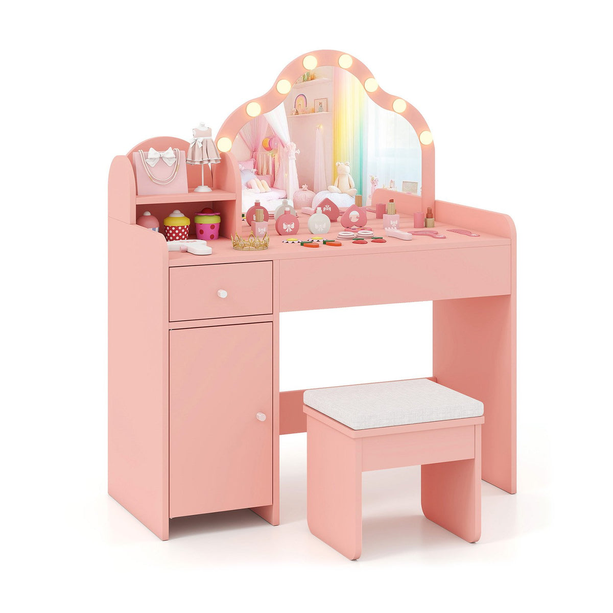 Kids Vanity Desk with Mirror and Lights Princess Pretend Play Dressing Table-Pink