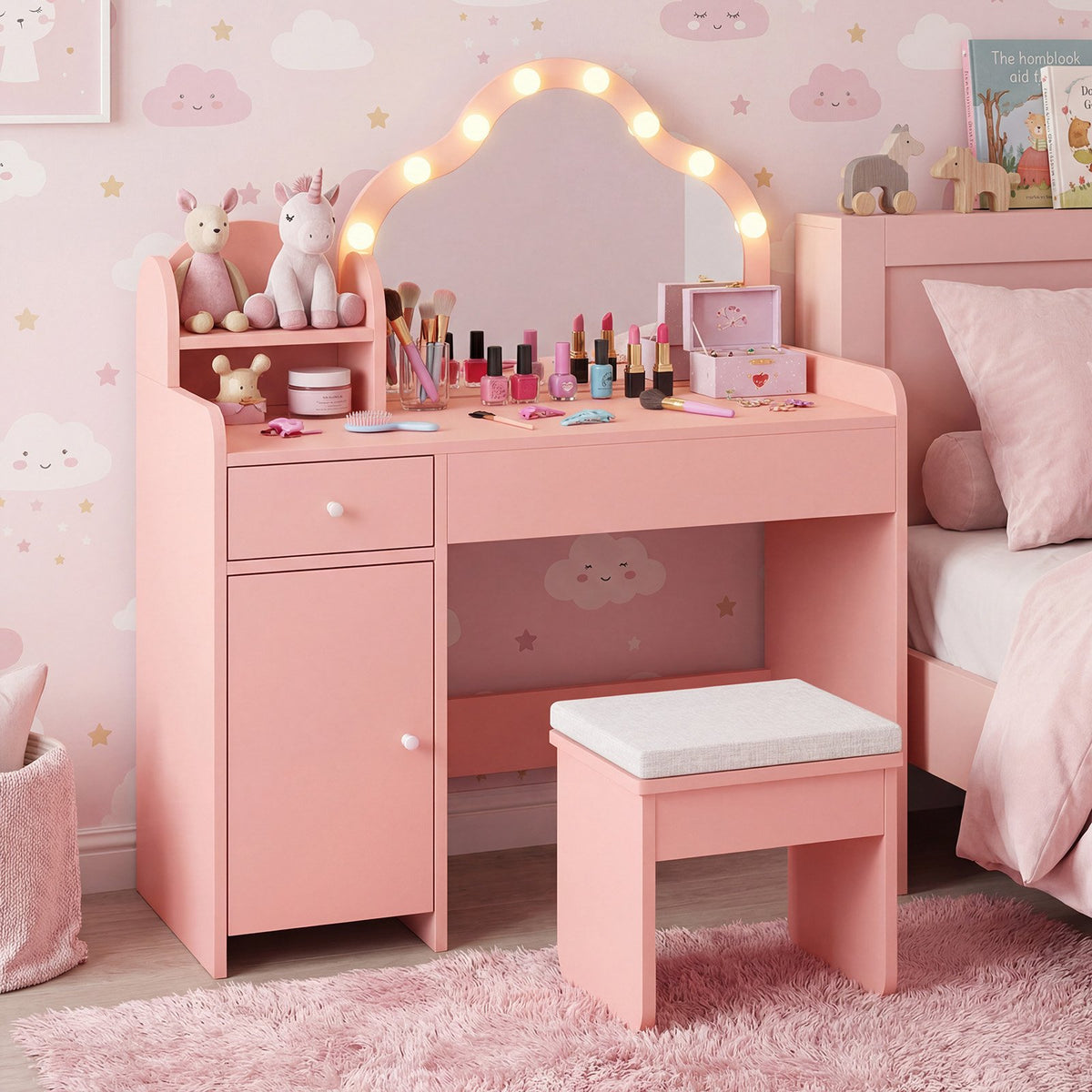 Kids Vanity Desk with Mirror and Lights Princess Pretend Play Dressing Table-Pink view 2