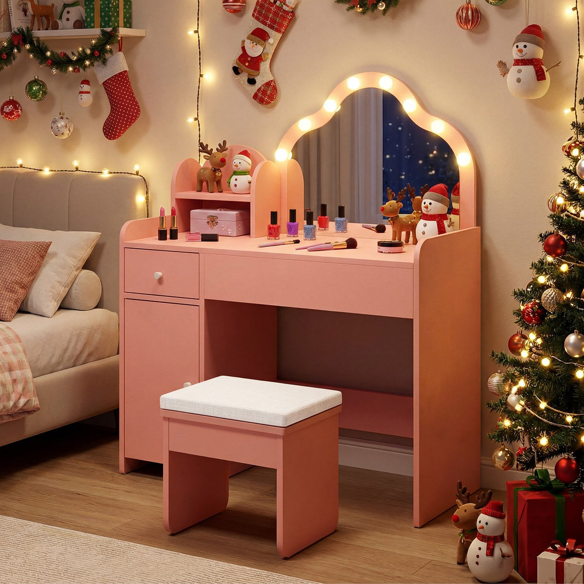 Kids Vanity Desk with Mirror and Lights Princess Pretend Play Dressing Table-Pink view 3