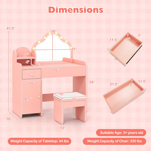 Kids Vanity Desk with Mirror and Lights Princess Pretend Play Dressing Table-Pink view 4