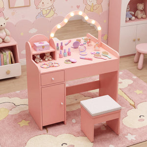 Kids Vanity Desk with Mirror and Lights Princess Pretend Play Dressing Table-Pink view 5