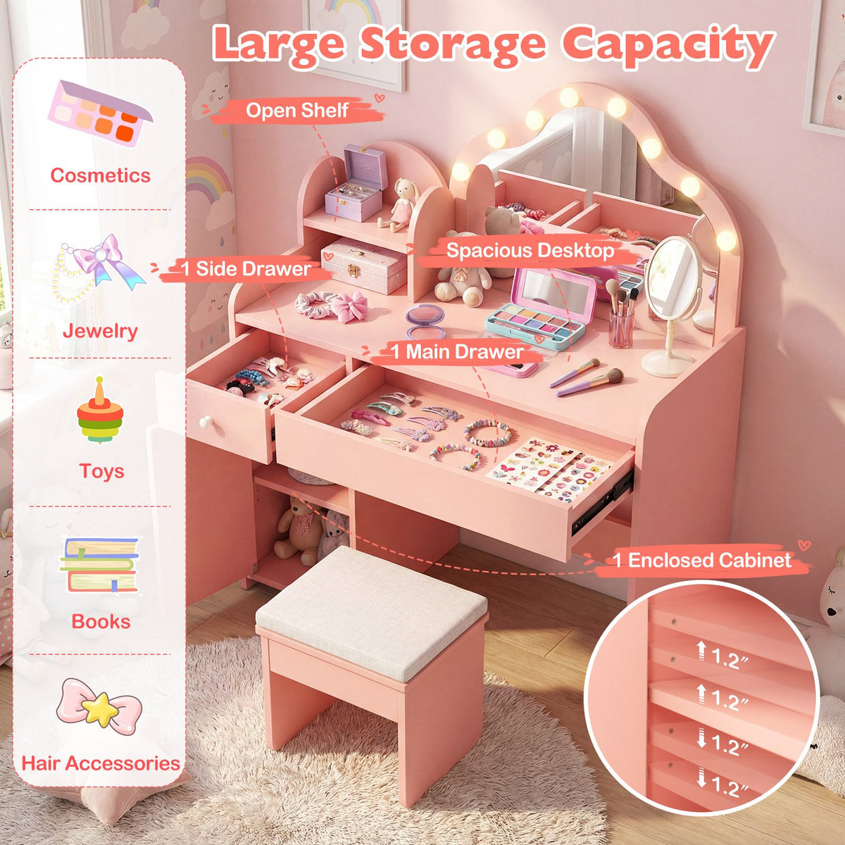 Kids Vanity Desk with Mirror and Lights Princess Pretend Play Dressing Table-Pink view 7