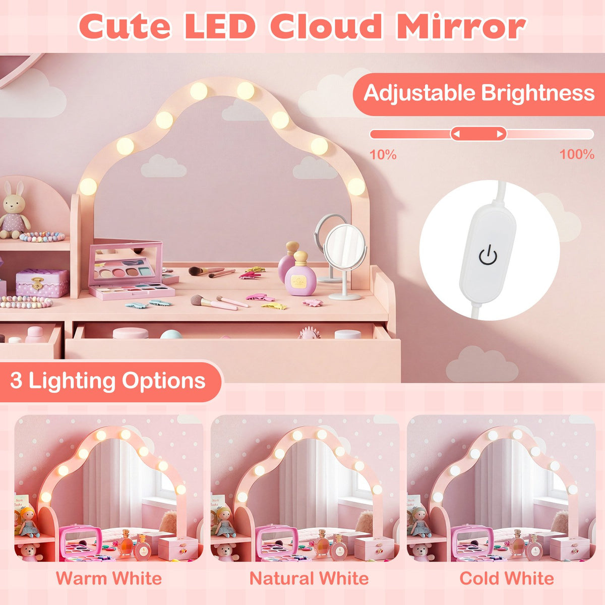 Kids Vanity Desk with Mirror and Lights Princess Pretend Play Dressing Table-Pink view 8