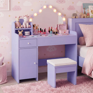 Kids Vanity Desk with Mirror and Lights Princess Pretend Play Dressing Table-Purple view 2