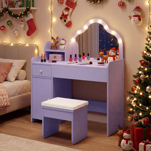 Kids Vanity Desk with Mirror and Lights Princess Pretend Play Dressing Table-Purple view 3