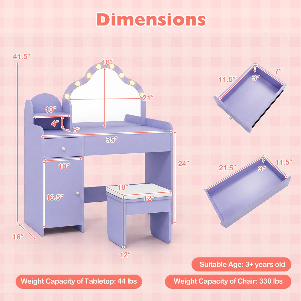 Kids Vanity Desk with Mirror and Lights Princess Pretend Play Dressing Table-Purple view 4