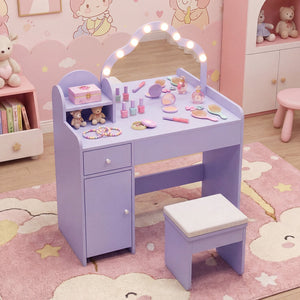 Kids Vanity Desk with Mirror and Lights Princess Pretend Play Dressing Table-Purple view 5