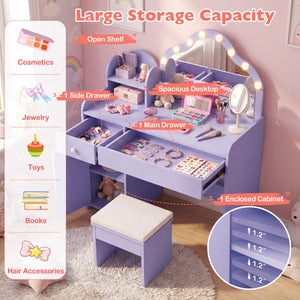 Kids Vanity Desk with Mirror and Lights Princess Pretend Play Dressing Table-Purple view 6