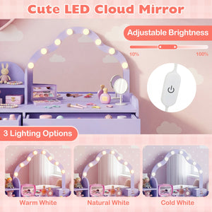 Kids Vanity Desk with Mirror and Lights Princess Pretend Play Dressing Table-Purple view 7