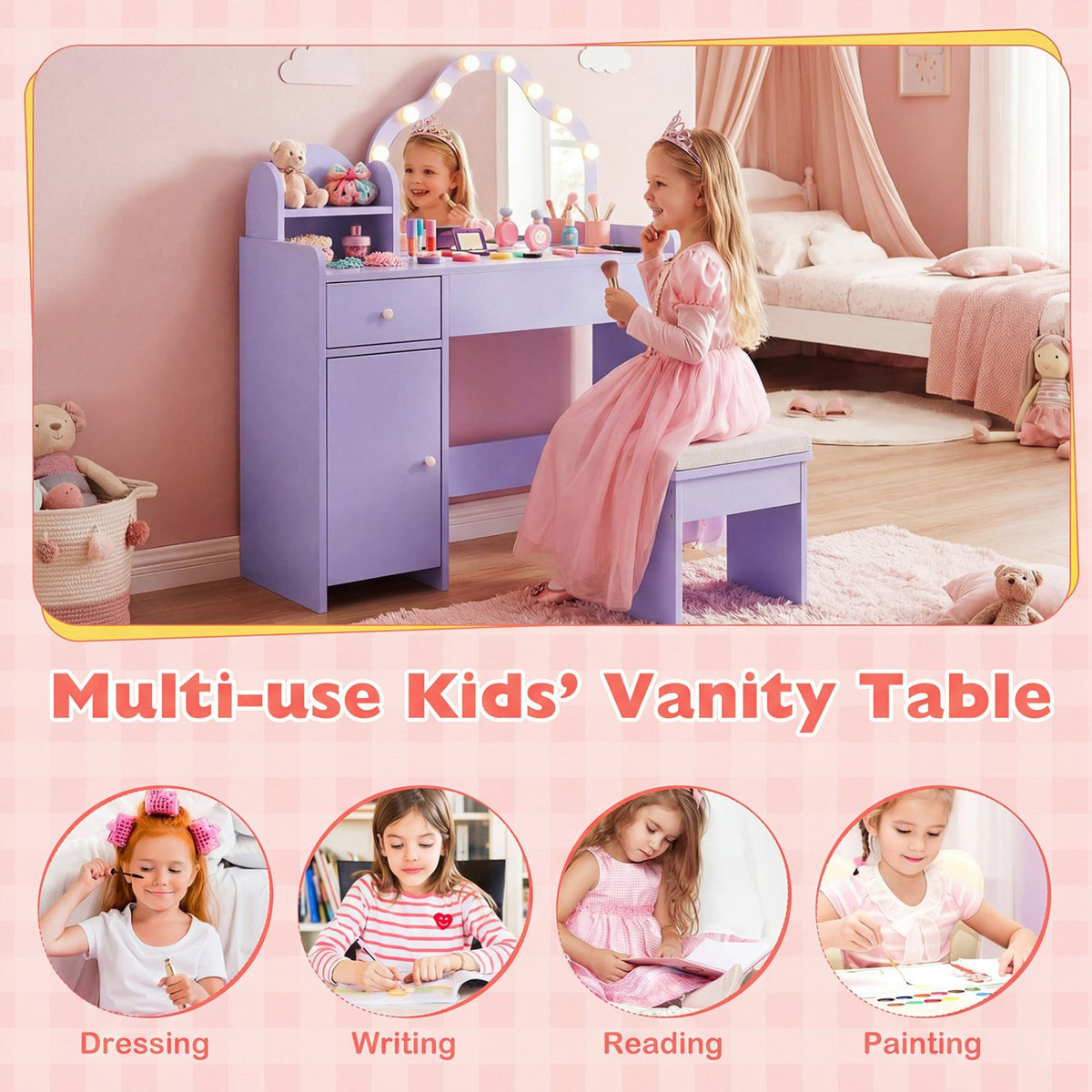 Kids Vanity Desk with Mirror and Lights Princess Pretend Play Dressing Table-Purple view 8