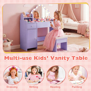 Kids Vanity Desk with Mirror and Lights Princess Pretend Play Dressing Table-Purple view 8