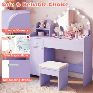 Kids Vanity Desk with Mirror and Lights Princess Pretend Play Dressing Table-Purple view 9
