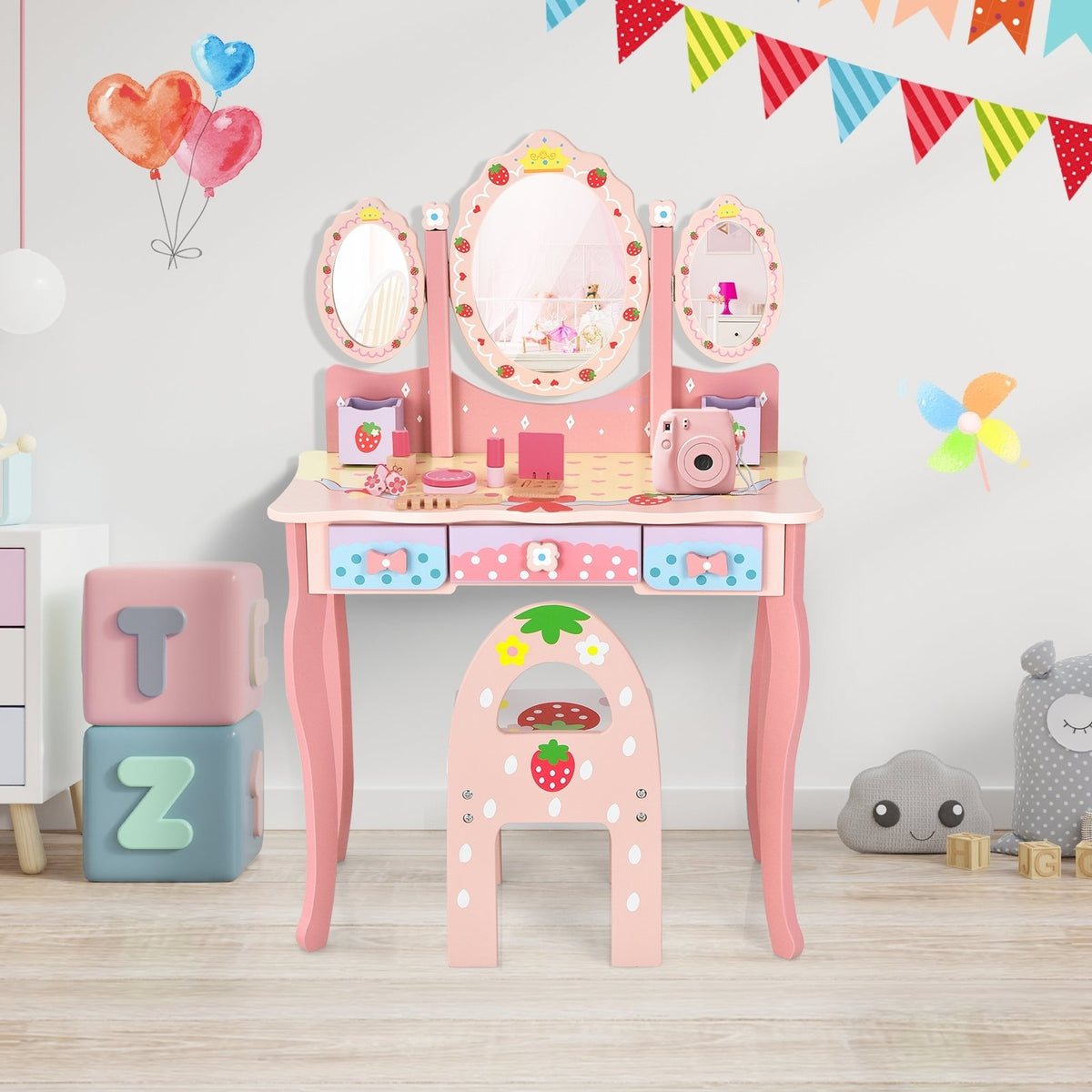 Kids Vanity Princess Makeup Dressing Table Chair Set with Tri-fold Mirror-Pink view 2