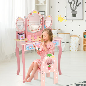 Kids Vanity Princess Makeup Dressing Table Chair Set with Tri-fold Mirror-Pink view 3