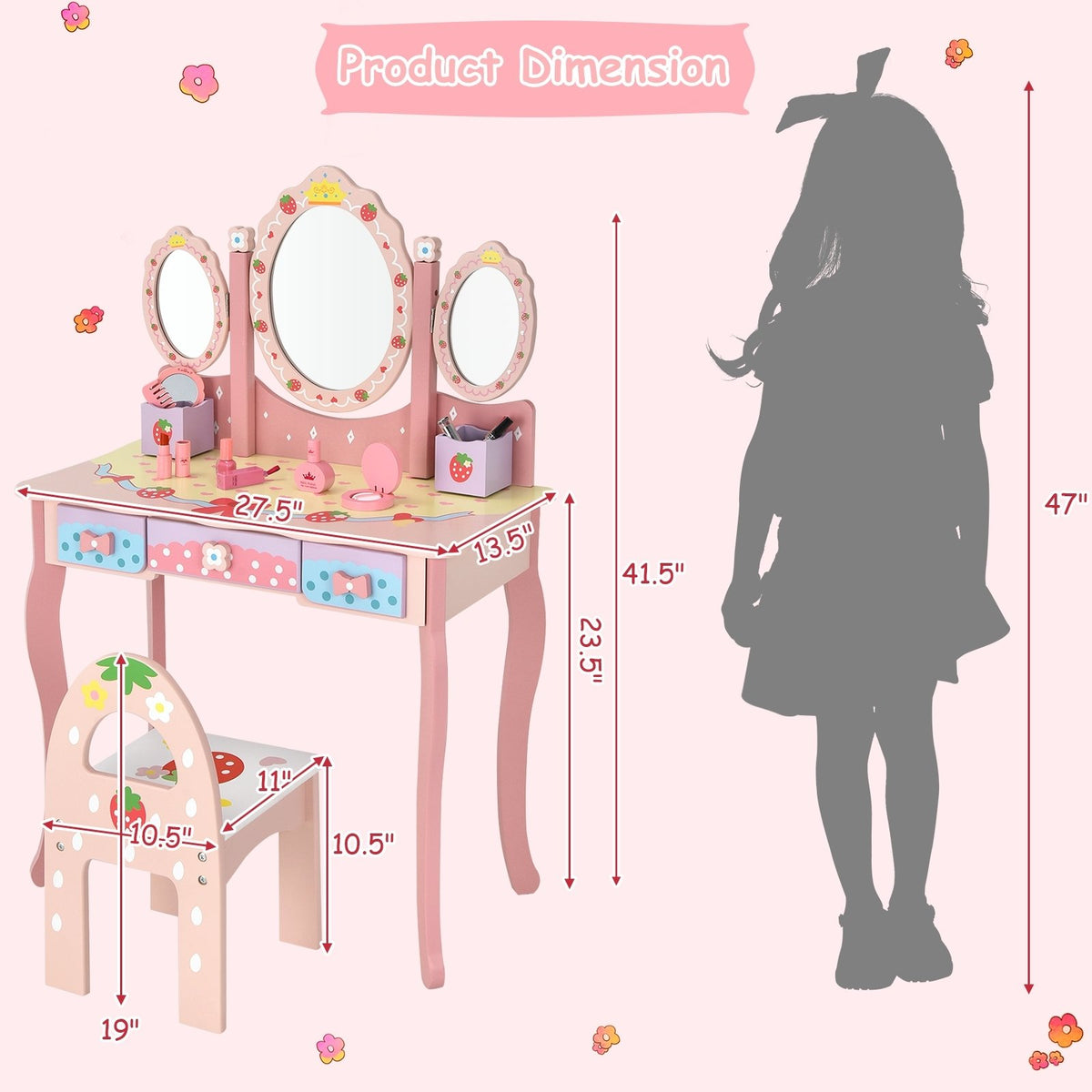 Kids Vanity Princess Makeup Dressing Table Chair Set with Tri-fold Mirror-Pink view 4