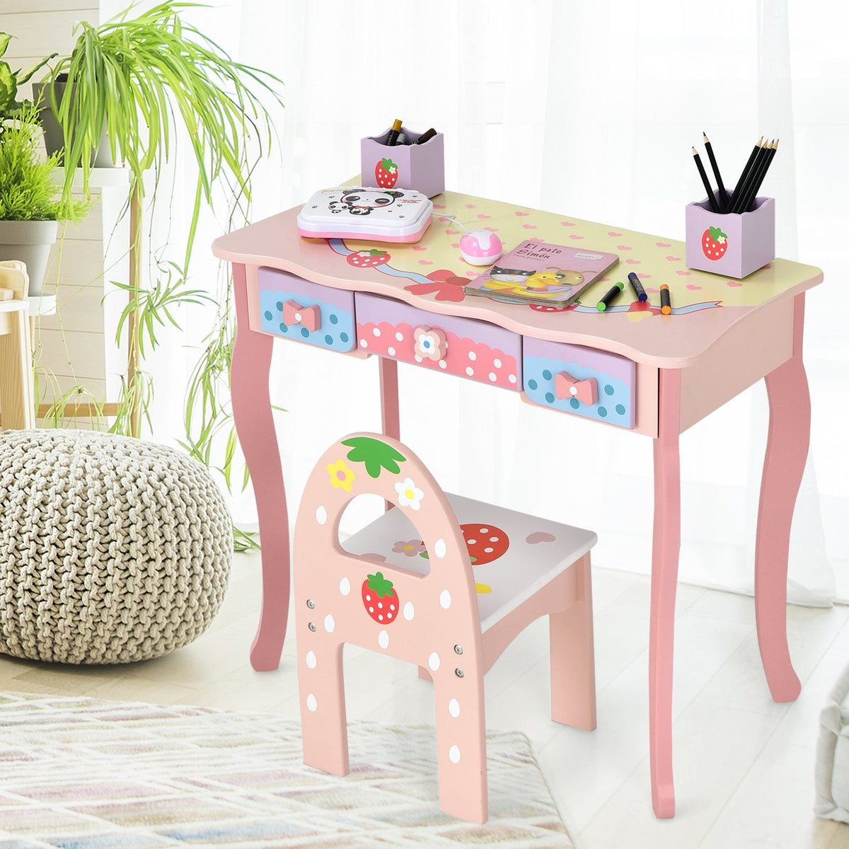 Kids Vanity Princess Makeup Dressing Table Chair Set with Tri-fold Mirror-Pink view 5