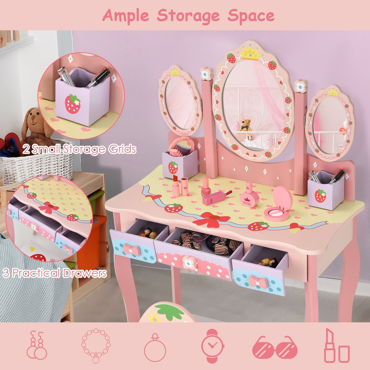Kids Vanity Princess Makeup Dressing Table Chair Set with Tri-fold Mirror-Pink view 6