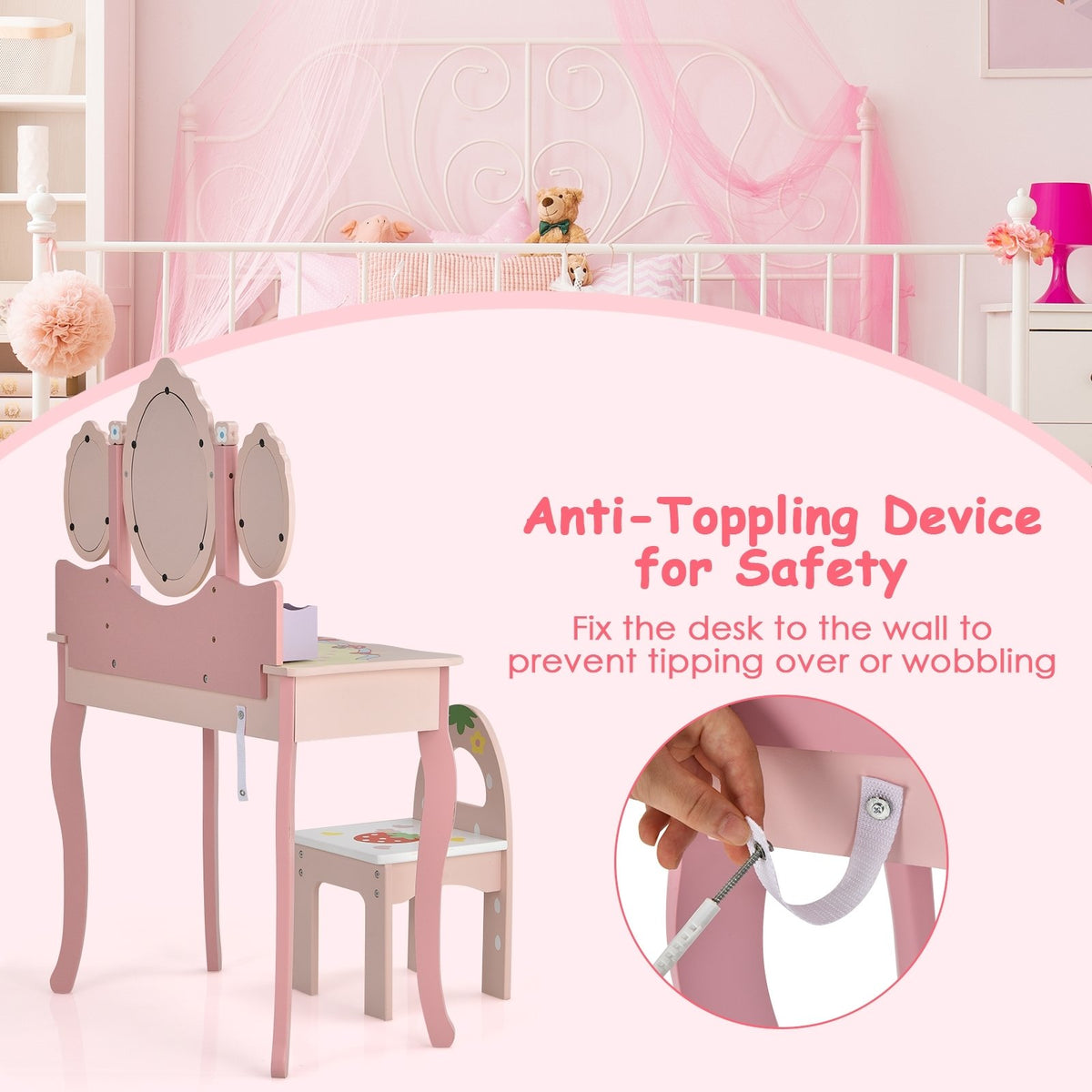 Kids Vanity Princess Makeup Dressing Table Chair Set with Tri-fold Mirror-Pink view 7