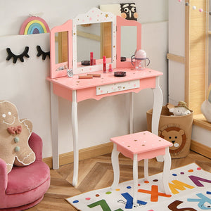 Kids Princess Vanity Table and Stool Set with Tri-folding Mirror and Drawer-Pink view 2