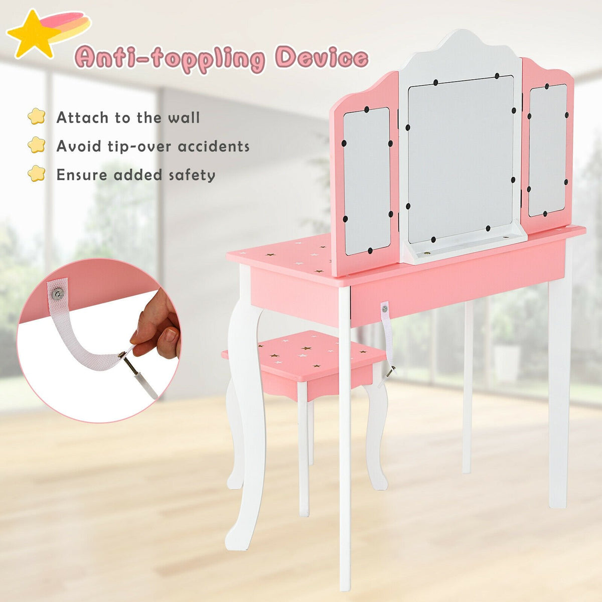 Kids Princess Vanity Table and Stool Set with Tri-folding Mirror and Drawer-Pink view 3
