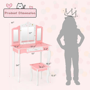 Kids Princess Vanity Table and Stool Set with Tri-folding Mirror and Drawer-Pink view 4