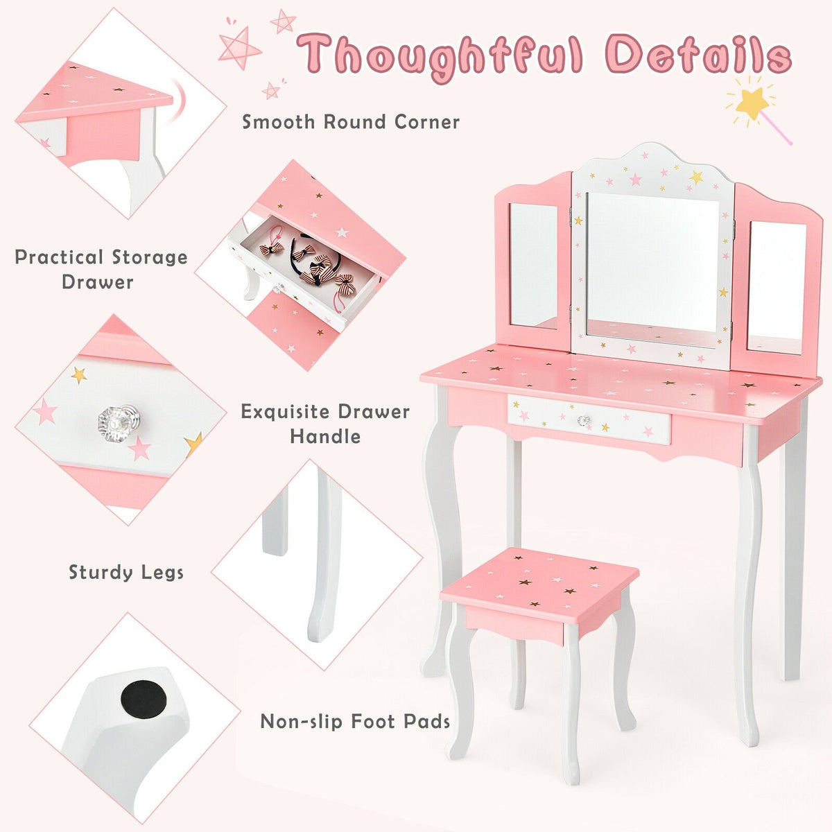 Kids Princess Vanity Table and Stool Set with Tri-folding Mirror and Drawer-Pink view 5