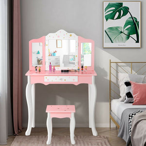 Kids Princess Vanity Table and Stool Set with Tri-folding Mirror and Drawer-Pink view 6
