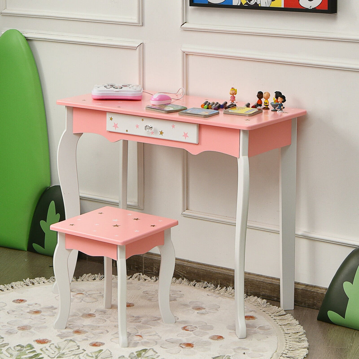 Kids Princess Vanity Table and Stool Set with Tri-folding Mirror and Drawer-Pink view 7