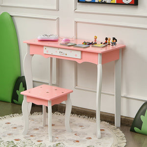 Kids Princess Vanity Table and Stool Set with Tri-folding Mirror and Drawer-Pink view 7