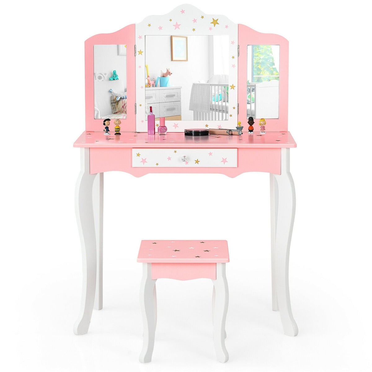 Kids Princess Vanity Table and Stool Set with Tri-folding Mirror and Drawer-Pink view 8