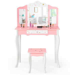 Kids Princess Vanity Table and Stool Set with Tri-folding Mirror and Drawer-Pink view 8