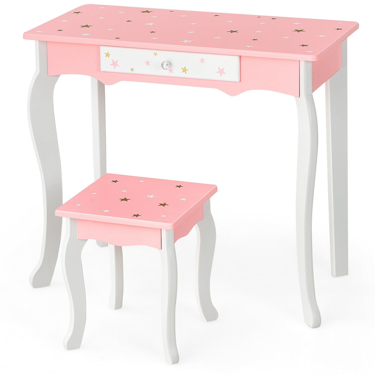 Kids Princess Vanity Table and Stool Set with Tri-folding Mirror and Drawer-Pink view 9