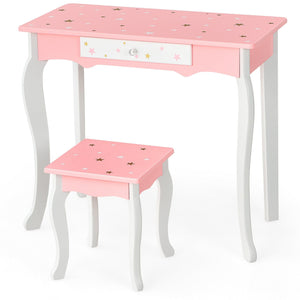 Kids Princess Vanity Table and Stool Set with Tri-folding Mirror and Drawer-Pink view 9