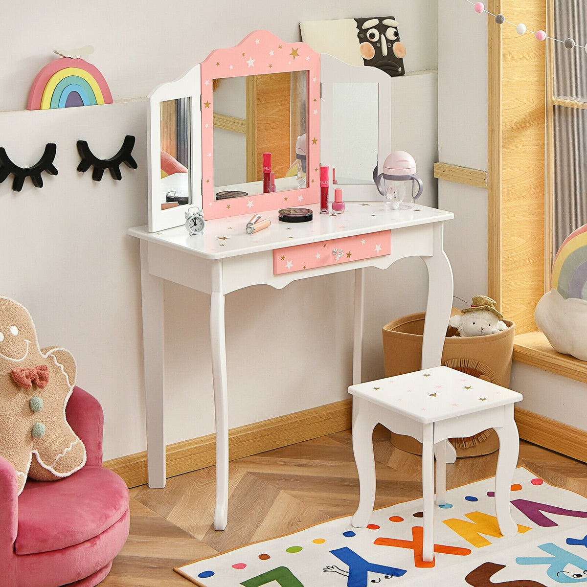 Kids Princess Vanity Table and Stool Set with Tri-folding Mirror and Drawer-White view 2