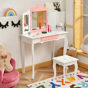 Kids Princess Vanity Table and Stool Set with Tri-folding Mirror and Drawer-White view 2