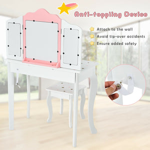 Kids Princess Vanity Table and Stool Set with Tri-folding Mirror and Drawer-White view 3