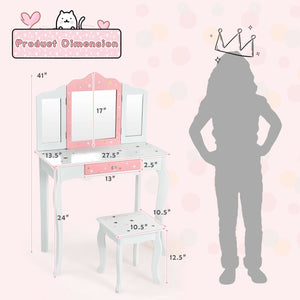 Kids Princess Vanity Table and Stool Set with Tri-folding Mirror and Drawer-White view 4