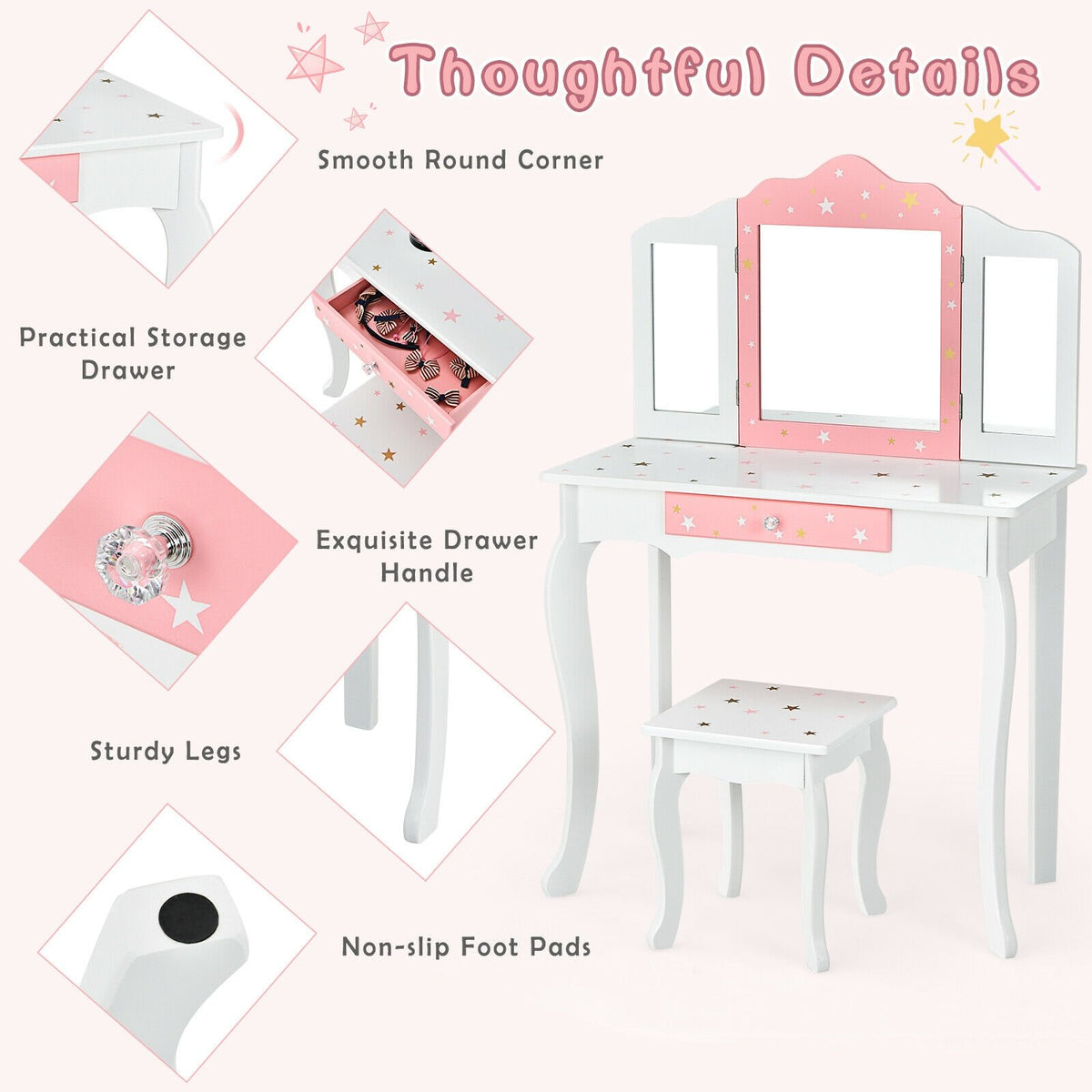Kids Princess Vanity Table and Stool Set with Tri-folding Mirror and Drawer-White view 5