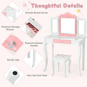 Kids Princess Vanity Table and Stool Set with Tri-folding Mirror and Drawer-White view 5
