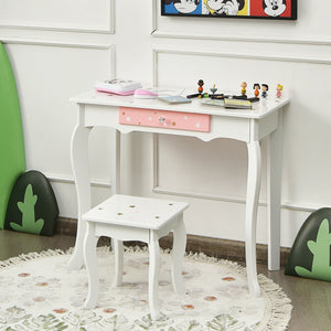 Kids Princess Vanity Table and Stool Set with Tri-folding Mirror and Drawer-White view 7