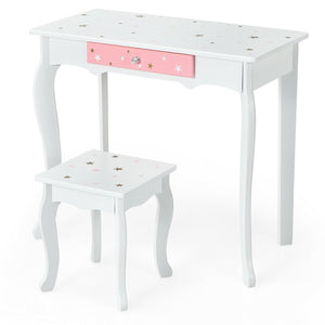 Kids Princess Vanity Table and Stool Set with Tri-folding Mirror and Drawer-White view 8