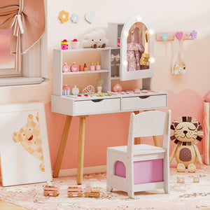 Kids Vanity Set Pretend Play Dressing Table Set with 3-Color Lighting Modes Adjustable Brightness and Mirror Cabinet-White view 2