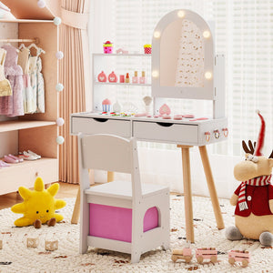 Kids Vanity Set Pretend Play Dressing Table Set with 3-Color Lighting Modes Adjustable Brightness and Mirror Cabinet-White view 3