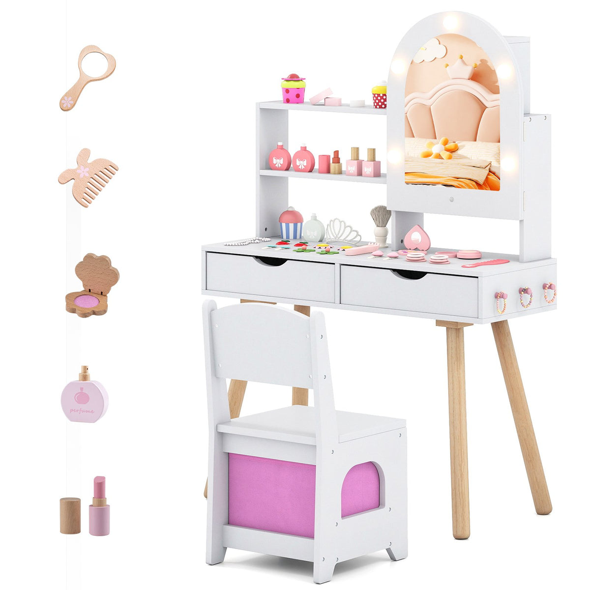 Kids Vanity Set Pretend Play Dressing Table Set with 3-Color Lighting Modes Adjustable Brightness and Mirror Cabinet-White view 4
