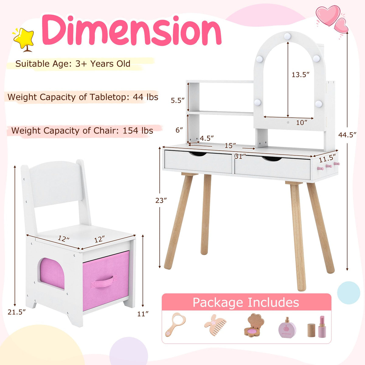 Kids Vanity Set Pretend Play Dressing Table Set with 3-Color Lighting Modes Adjustable Brightness and Mirror Cabinet-White view 5