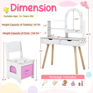 Kids Vanity Set Pretend Play Dressing Table Set with 3-Color Lighting Modes Adjustable Brightness and Mirror Cabinet-White view 5