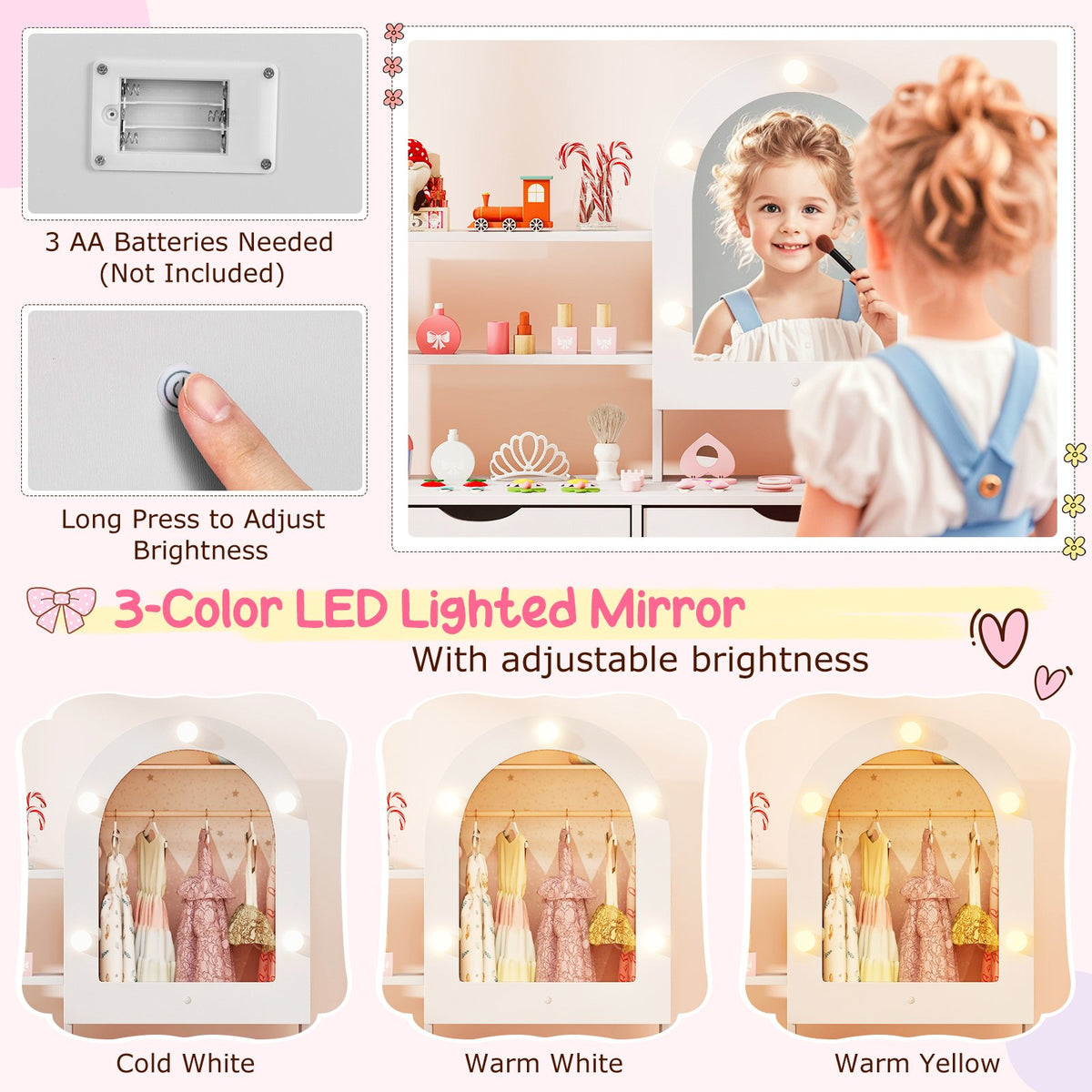 Kids Vanity Set Pretend Play Dressing Table Set with 3-Color Lighting Modes Adjustable Brightness and Mirror Cabinet-White view 7