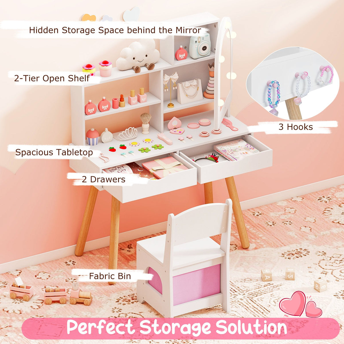 Kids Vanity Set Pretend Play Dressing Table Set with 3-Color Lighting Modes Adjustable Brightness and Mirror Cabinet-White view 9