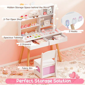 Kids Vanity Set Pretend Play Dressing Table Set with 3-Color Lighting Modes Adjustable Brightness and Mirror Cabinet-White view 9